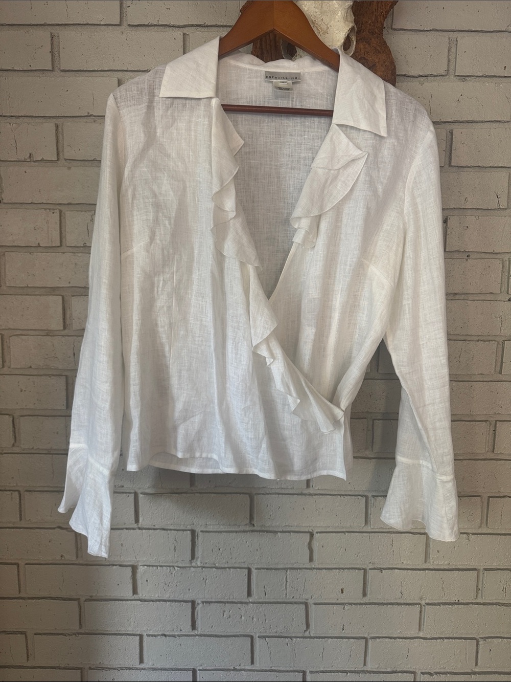 White Ruffle Wrap Blouse - Lightweight 100% linen
